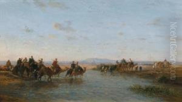 Caravan Crossing A River Oil Painting by Narcisse Berchere