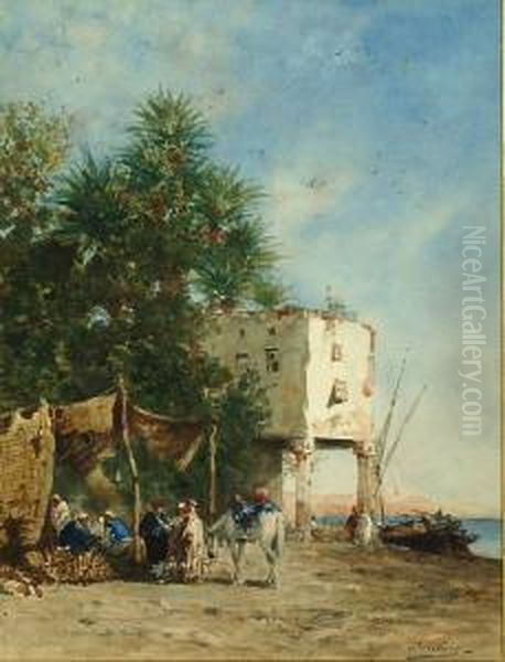 Marchands Pres Du Rivage Oil Painting by Narcisse Berchere