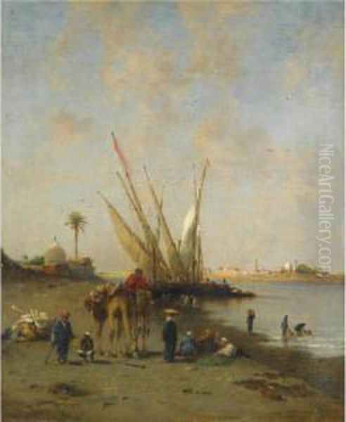 Felouques Et Chameliers Au Bord Du Nil Oil Painting by Narcisse Berchere