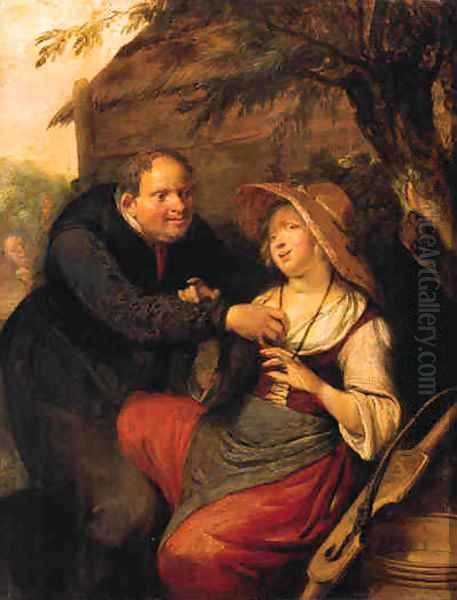 Touch A peasant courting a milkmaid in a farmyard by a haystack Oil Painting by Richard Brakenburg