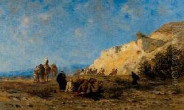 Cavaliers Et Chameliers Dans Le Desert Oil Painting by Narcisse Berchere