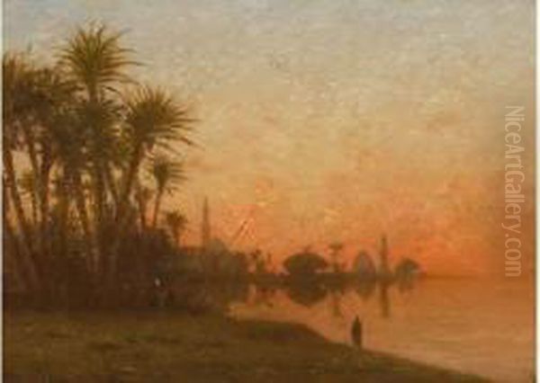 Crepuscule Sur Les Bords Du Nil . Oil Painting by Narcisse Berchere