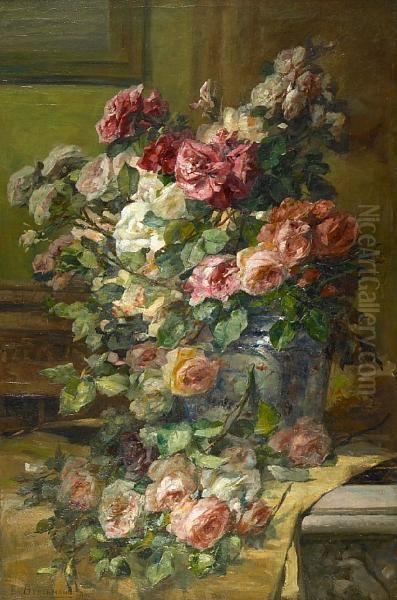 Roses In A Porcelain Vase by Emile Berchmans