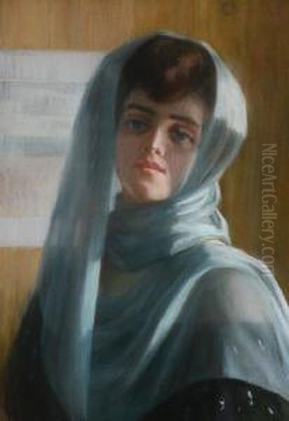 Portrait Of A Lady In A Blue Scarf Oil Painting by Emile Berchmans