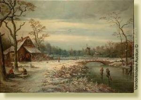 Paysage Hivernal Aux Patineurs Oil Painting by Emile Berchmans