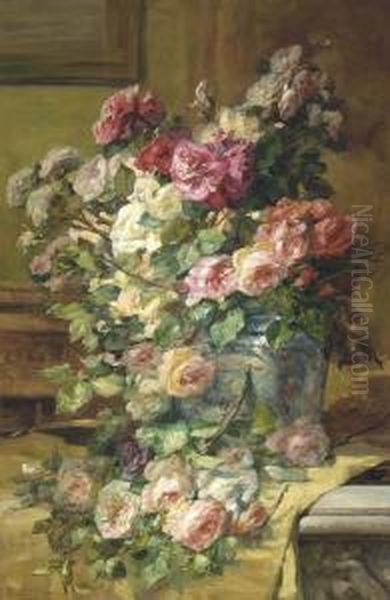 Roses In A Porcelain Vase On A Tabletop Oil Painting by Emile Berchmans