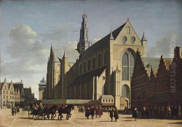 The Grote Markt, Haarlem, Looking South-east, With Saint Bavo's Cathedral Oil Painting by Gerrit Adriaensz Berckheyde