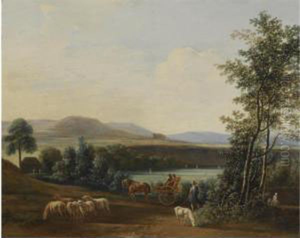 An Extensive Hilly Landscape 
With A Horse-drawn Carriage With Elegant Figures Riding Along Fields, A 
Shepherd With His Flock Of Sheep In The Foreground Oil Painting by Gerrit Adriaensz Berckheyde