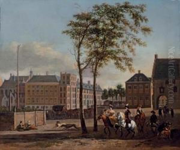 The Plaats With The Buitenhof 
And The Gevangenpoort, The Hague, With An Elegant Hawking Party Oil Painting by Gerrit Adriaensz Berckheyde