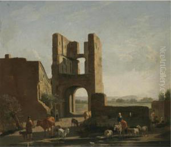 Italianate Landscape With 
Herdsmen And Women With Sheep, Goats And Cows Grazing Beneath A Ruined 
Gate Tower Oil Painting by Gerrit Adriaensz Berckheyde