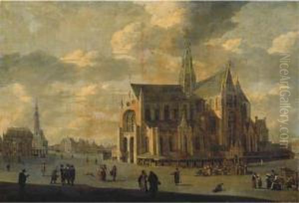 The Grote Markt With Saint Bavo's Cathedral, Haarlem Oil Painting by Gerrit Adriaensz Berckheyde