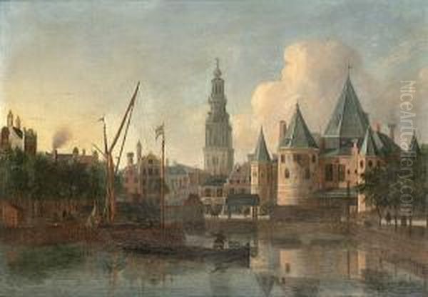 The Nieuwemarkt, Amsterdam, From
 The Geldersekade With The Tower Of The Zuiderkerk Beyond Oil Painting by Gerrit Adriaensz Berckheyde