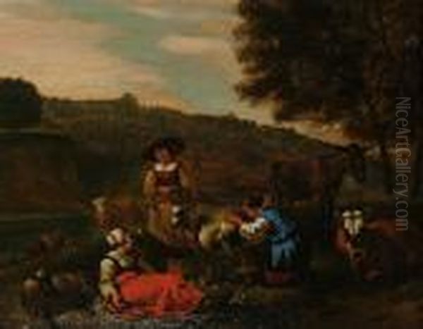 Milkmaids And Their Animals In An Italianate Landscape Oil Painting by Gerrit Adriaensz Berckheyde