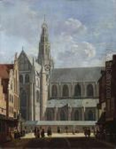 A View Of The North Transept Of The St. Bavo Church From Thesmedestraat In Haarlem Oil Painting by Gerrit Adriaensz Berckheyde