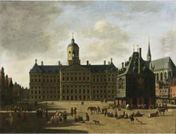 Amsterdam: A View Of The Dam With The Town Hall, The Nieuwe Kerk And The Waag Oil Painting by Gerrit Adriaensz Berckheyde