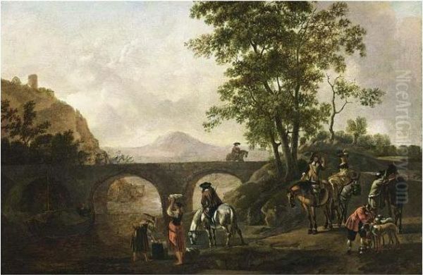 A River Landscape With Huntsmen 
Resting During The Hunt And Women Washing Clothes In The River, Horsemen
 On A Stone Bridge Nearby Oil Painting by Gerrit Adriaensz Berckheyde