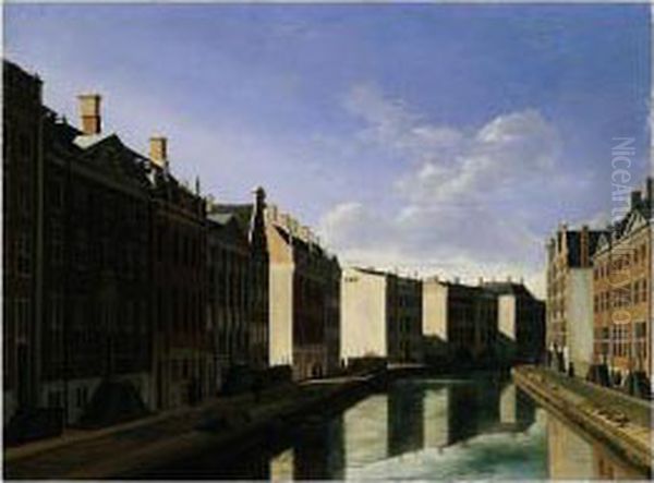 Amsterdam, The Heerengracht From
 The Vijzelstraat Looking Towards The Nieuwe Spiegelstraat Oil Painting by Gerrit Adriaensz Berckheyde