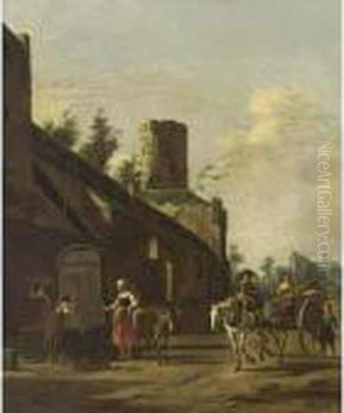 Peasants At A Fountain By The 
City Wall Of Cologne With A View Of The Church Of St. Pantaleon's In The
 Distance Oil Painting by Gerrit Adriaensz Berckheyde