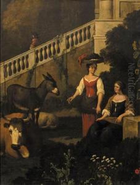 Peasantwomen In The Garden Of A Mansion Oil Painting by Gerrit Adriaensz Berckheyde