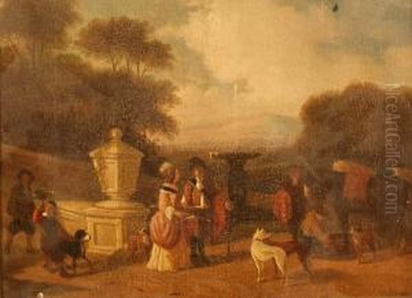 Figures, Horses And Dogs In An 18th Century Garden Setting Oil Painting by Job Adriaensz. Berckheyde