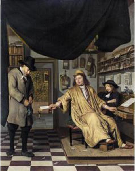 A Notary In His Office Handing Deeds To A Man With A Youth Looking On Oil Painting by Job Adriaensz. Berckheyde