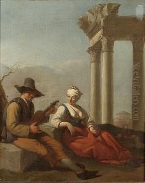 A Peasant Serenading A Girl Before Classical Ruins Oil Painting by Job Adriaensz. Berckheyde