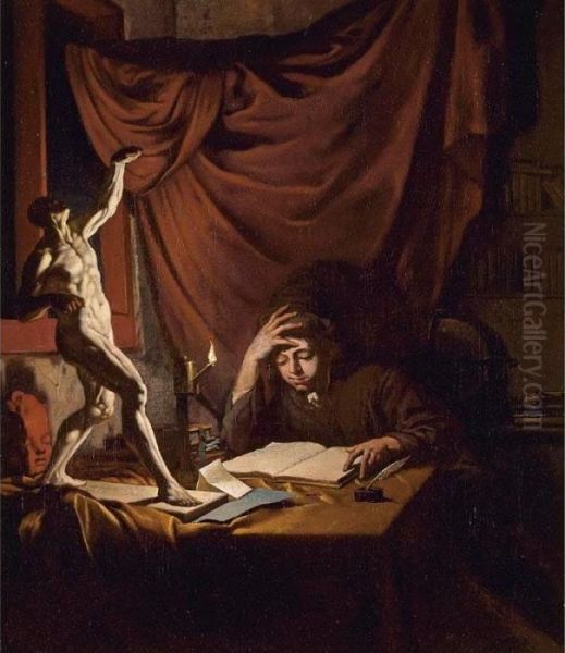 A Young Scholar Reading By 
Lamplight In A Study With An Ecorche Model And A Plaster Head Of A Putto
 On A Table Oil Painting by Job Adriaensz. Berckheyde