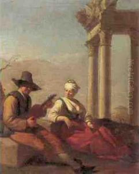 A Couple Making Music, Seated In A Landscape With Ruins Oil Painting by Job Adriaensz. Berckheyde