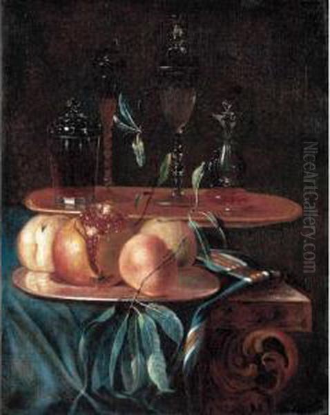 A Still Life Of Peaches, A 
Pomegranate On A Pewter Plate, Together With Various Glasses On A Table 
Draped With A Blue Velvet Cloth Oil Painting by Christian Berentz