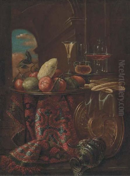 Oranges, Limes, And A Lemon On A
 Dish, Bread Rolls, And Glasses Ona Partly-draped Table With A Ewer And 
Platter Oil Painting by Christian Berentz