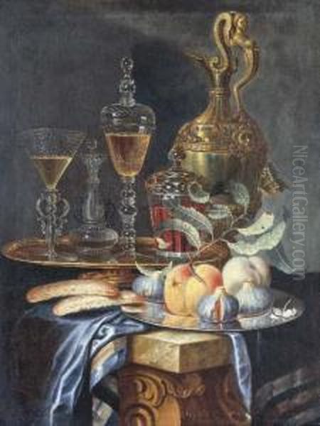 Peaches And Figs On A Pewter 
Platter, A Facon De Venise Fluted Wineglass And Vessel With A Bohemian 
Covered Goblet And Covered Beakeron A Gilt Platter, All Resting On A 
Partially Draped Stoneledge Oil Painting by Christian Berentz