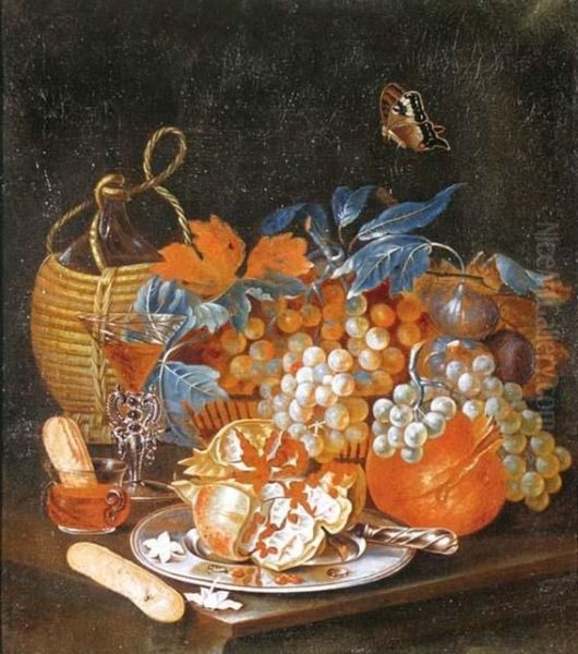 Natura Morta Con Cesto D?uva, Melograni E Farfalle Oil Painting by Christian Berentz