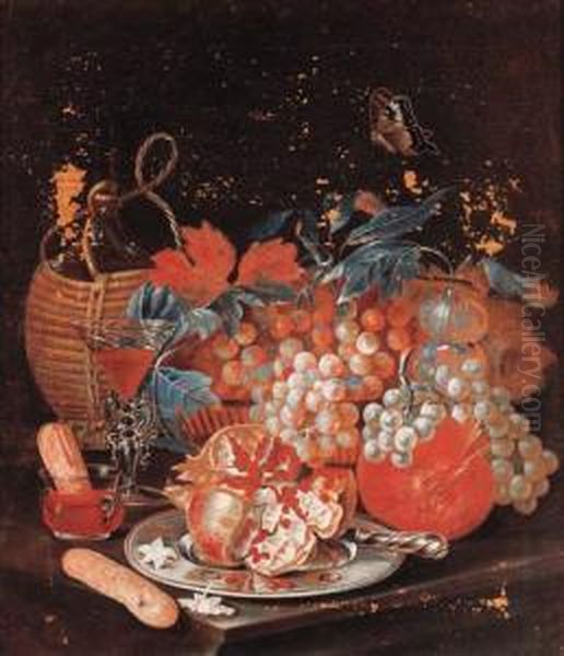 A Basket Of Fruit With A Carafe,
 A Faon De Venise Wine Glass,pommegranates On A Pewter Plate And A 
Butterfly Oil Painting by Christian Berentz