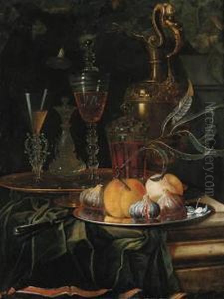 Figs And Peaches On A Pewter 
Platter, Glasses Of Wine On A Golddish, An Ornamental Silver-gilt Ewer 
And A Knife On A Partly Drapedledge Oil Painting by Christian Berentz