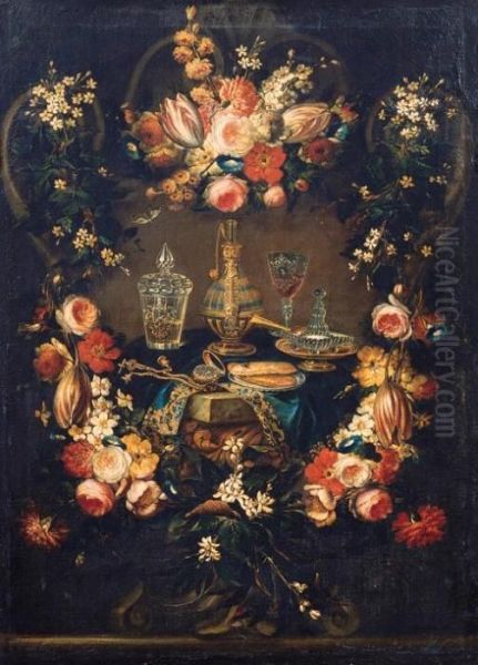 Couronne De Fleurs Autour D'une Table Ornee De Verreries Oil Painting by Christian Berentz