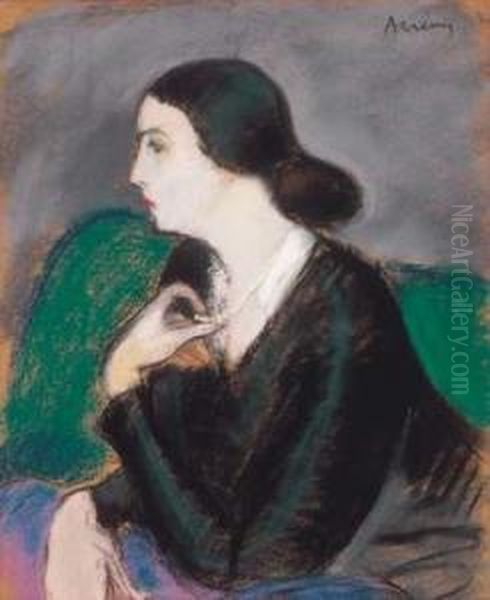 Lady With Green Pearl-lace (the Portrait Of Mrs Jakobovics),about 1928 Oil Painting by Robert Bereny