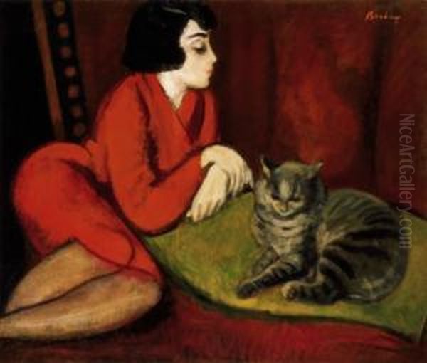 Girl On A Sofa With Cat (eta With Cat) Oil Painting by Robert Bereny