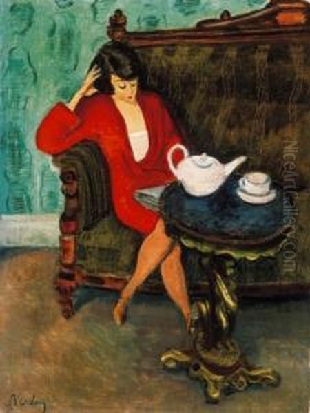 Red-dressed Woman In A Green Room (breakfast), End Of The 1920's Oil Painting by Robert Bereny