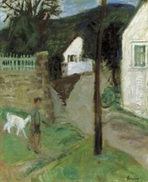 Scene In Zebegeny With Boy And Goat, After 1930 Oil Painting by Robert Bereny