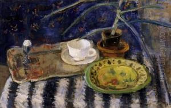 Still Life With A Striped Tablecloth Oil Painting by Robert Bereny