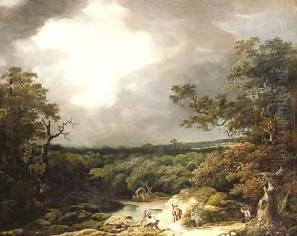 A stormy wooded landscape with faggot gatherers by a river Oil Painting by Thomas Barker of Bath