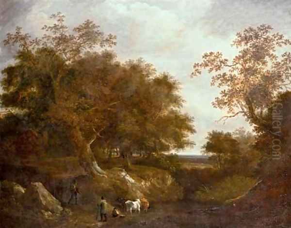 Travelers on a path with cattle watering at a pool in a wooded landscape Oil Painting by Thomas Barker of Bath