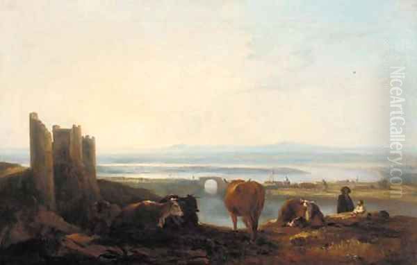 Figures and cattle resting before a river estuary at sunset Oil Painting by Thomas Barker of Bath