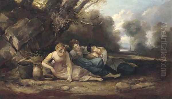 Three girls resting in a landscape Oil Painting by Thomas Barker of Bath