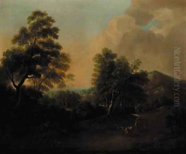 An extensive wooded landscape with drovers and cattle in the foreground Oil Painting by Thomas Barker of Bath