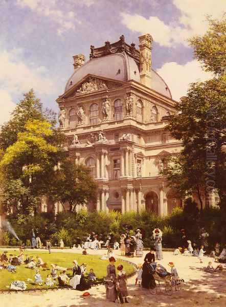 Les Jardins Du Carrousel Et Le Pavillon Richelieu A Paris (The Gardens of the Carrousel and the Richelieu Pavillion in Paris) Oil Painting by Louis Beroud