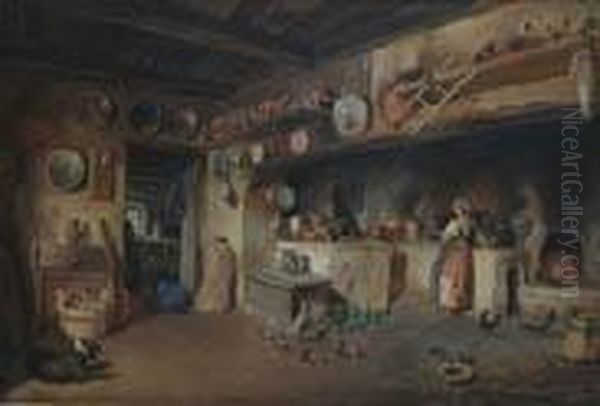 Interno Di Cucina Con Contadina E Pollame Oil Painting by Francesco Bergamini