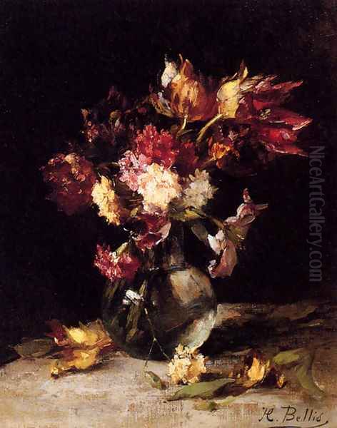 Still Life Of Tulips And Carnations In A Vase Oil Painting by Hubert Bellis