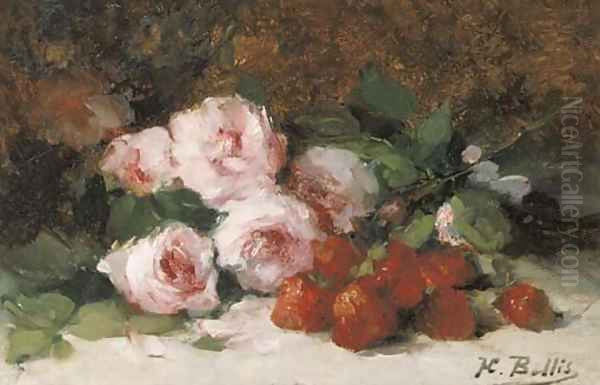 Strawberries and pink roses on a ledge Oil Painting by Hubert Bellis