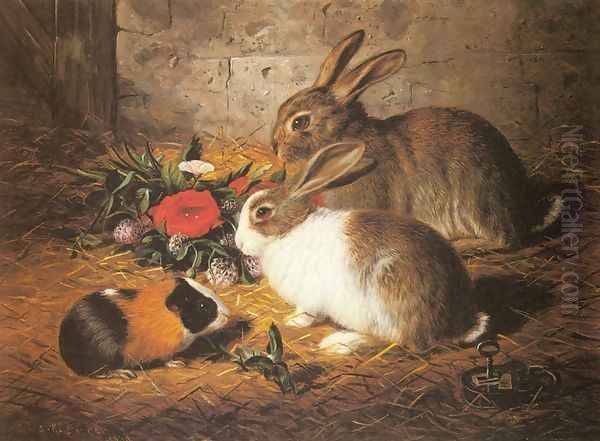 Escaped: Two Rabbits and a Guinea Pig Oil Painting by Alfred R. Barber